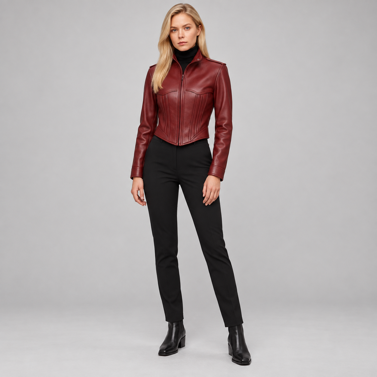 Women’s Burgundy Leather Corset Jacket, Fitted Sheepskin Moto Coat, Gothic Biker Zip Outerwear - Image 6