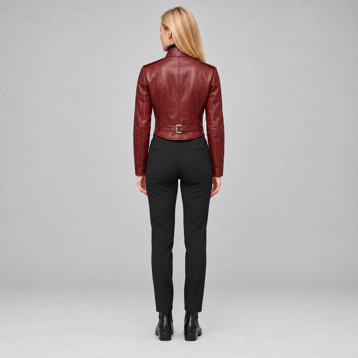 Women’s Burgundy Leather Corset Jacket, Fitted Sheepskin Moto Coat, Gothic Biker Zip Outerwear - Image 4