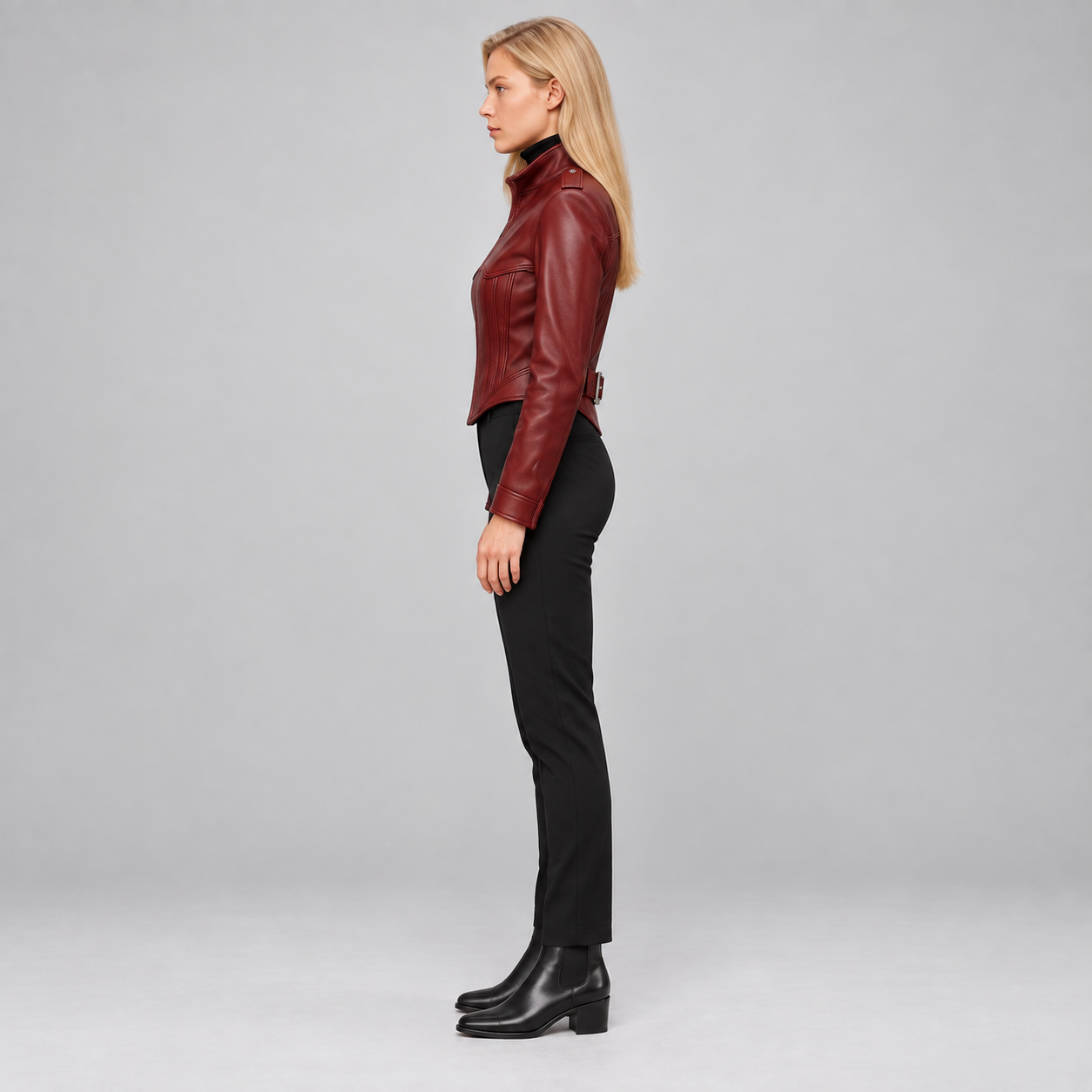 Women’s Burgundy Leather Corset Jacket, Fitted Sheepskin Moto Coat, Gothic Biker Zip Outerwear - Image 5