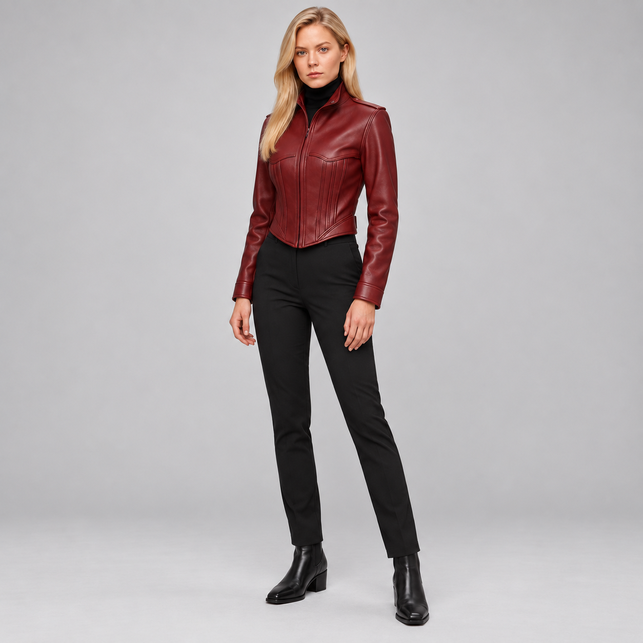 Women’s Burgundy Leather Corset Jacket, Fitted Sheepskin Moto Coat, Gothic Biker Zip Outerwear - Image 3