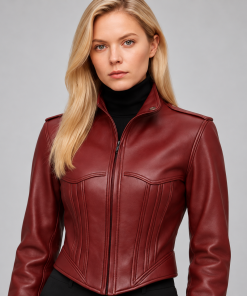 Women’s Burgundy Leather Corset Jacket, Fitted Sheepskin Moto Coat, Gothic Biker Zip Outerwear