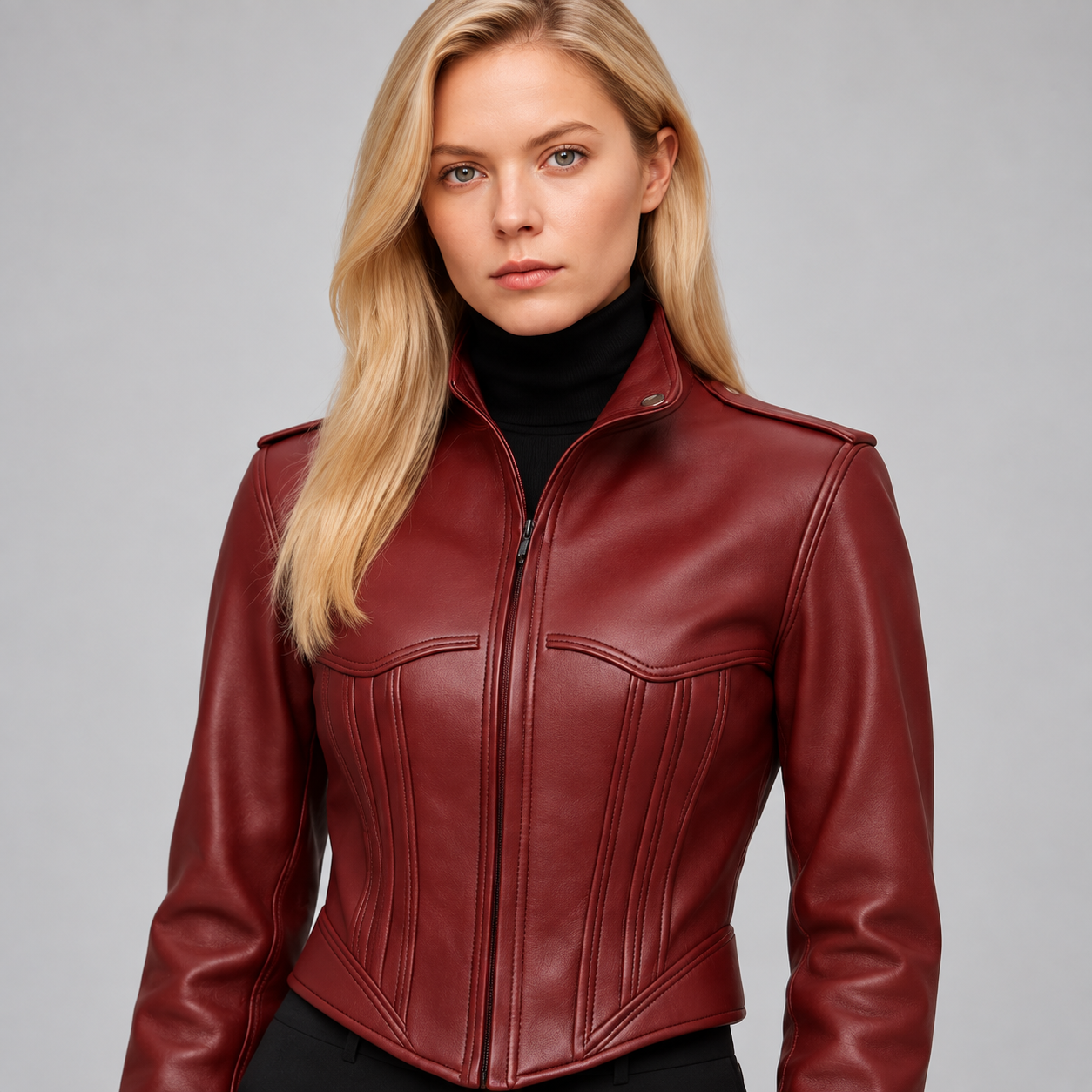 Women’s Burgundy Leather Corset Jacket, Fitted Sheepskin Moto Coat, Gothic Biker Zip Outerwear