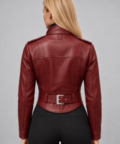 Alternative view of Women’s Burgundy Leather Corset Jacket, Fitted Sheepskin Moto Coat, Gothic Biker Zip Outerwear