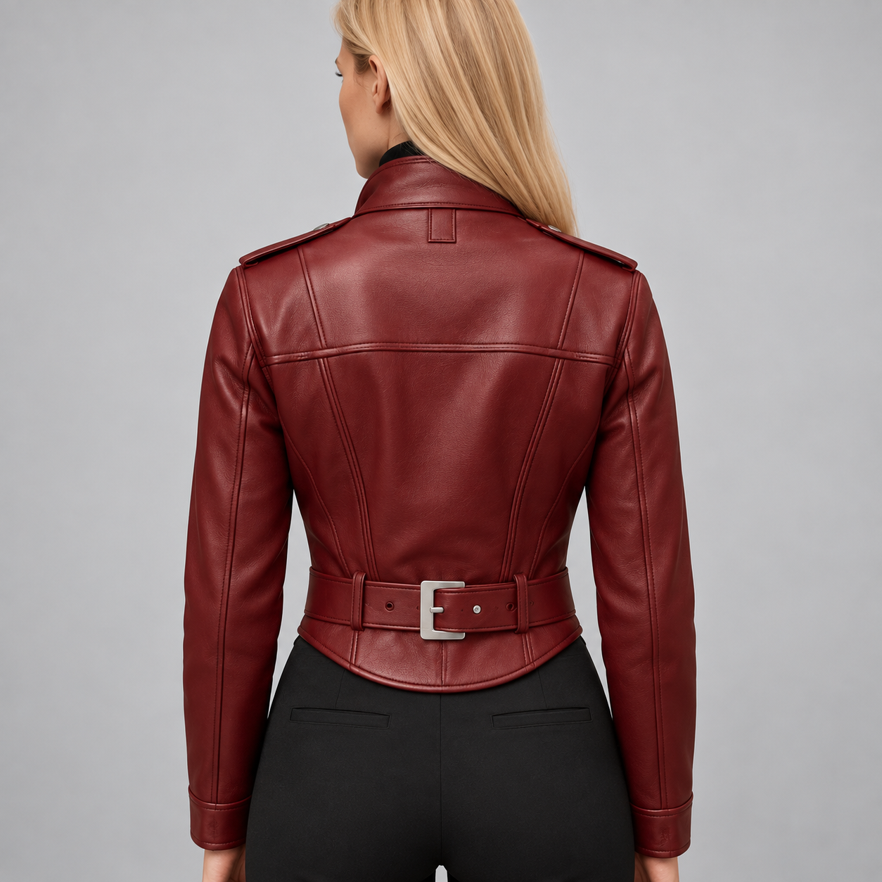Women’s Burgundy Leather Corset Jacket, Fitted Sheepskin Moto Coat, Gothic Biker Zip Outerwear - Image 2