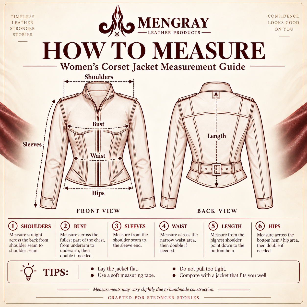Women’s Burgundy Leather Corset Jacket, Fitted Sheepskin Moto Coat, Gothic Biker Zip Outerwear - Image 8