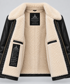 Alternative view of Women's Black Leather Shearling Aviator Biker Jacket – Cozy Fleece-Lined Winter Coat