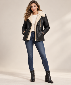 Women's Black Leather Shearling Aviator Biker Jacket – Cozy Fleece-Lined Winter Coat