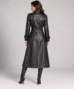 Averisse women's black leather double breasted trench coat front angle view