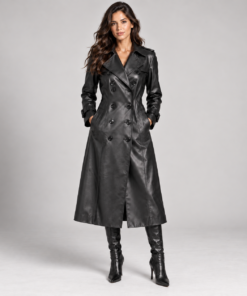 Averisse women's black leather double breasted trench coat front full view