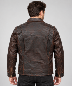 Rear view of Torvane distressed brown men's jacket showing back panel seams
