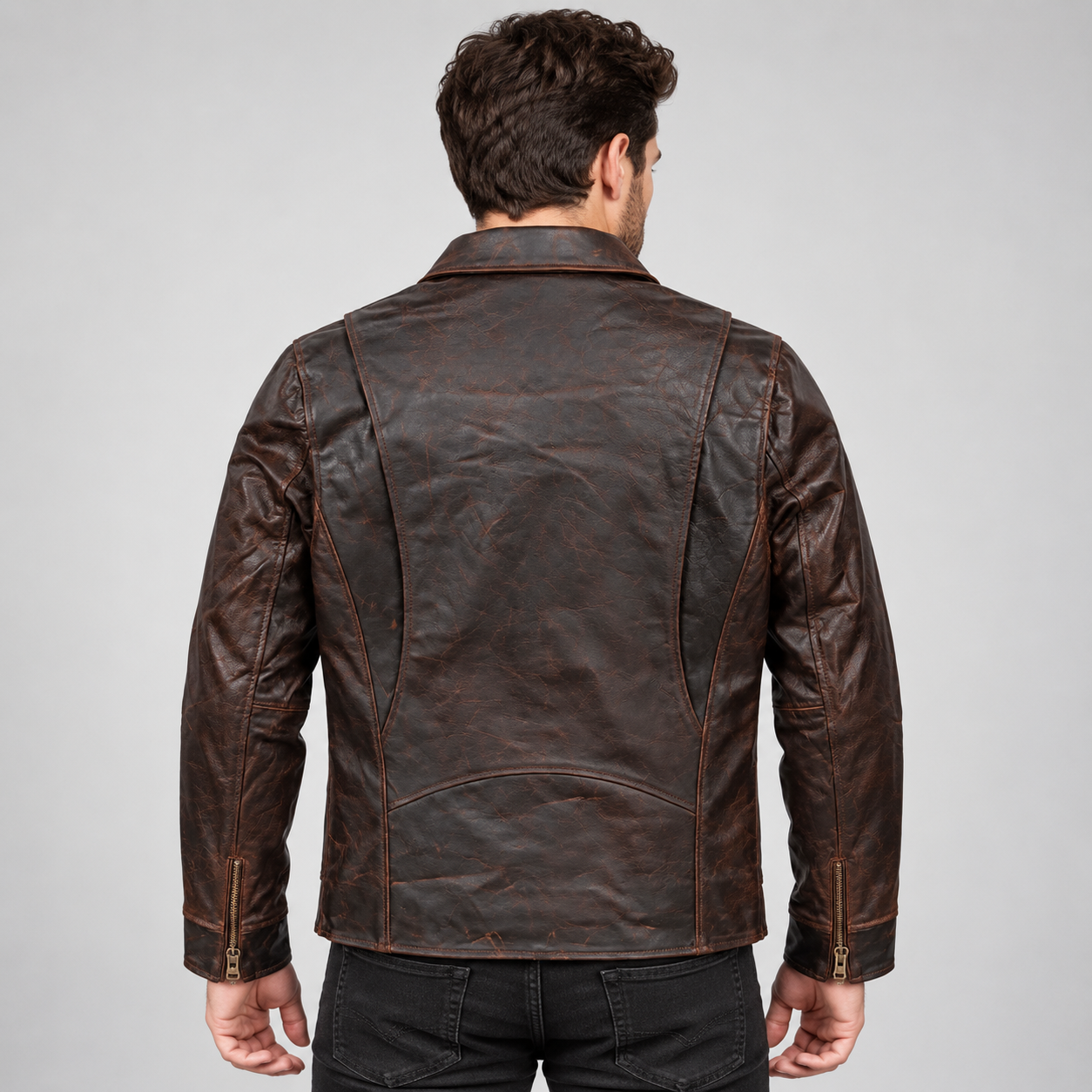 Rear view of Torvane distressed brown men's jacket showing back panel seams