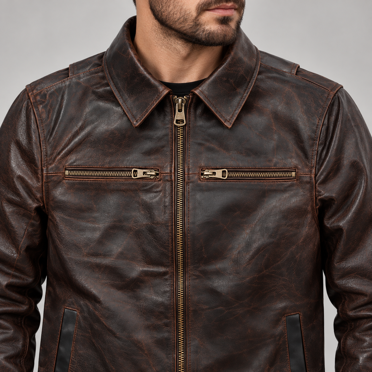 Close-up of chest zipper pockets on Torvane distressed brown men's jacket