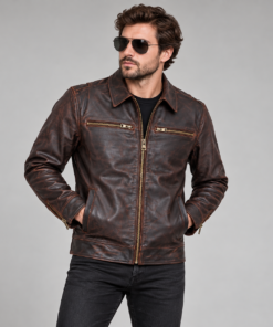 Front model view of Torvane brown leather-look jacket