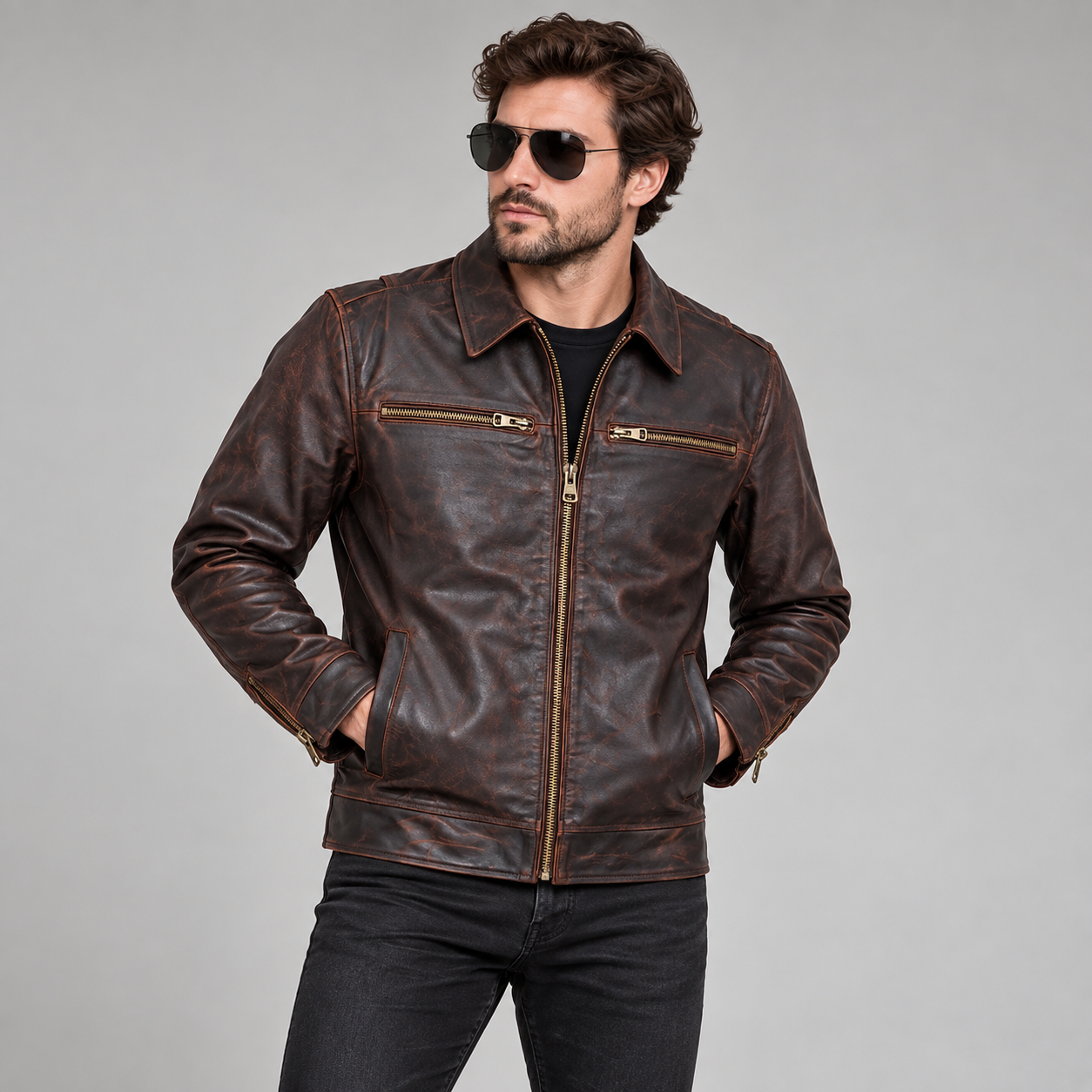 Front model view of Torvane brown leather-look jacket