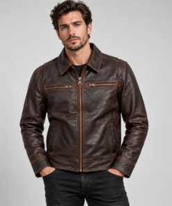 Man wearing Torvane men's dark distressed brown jacket front view