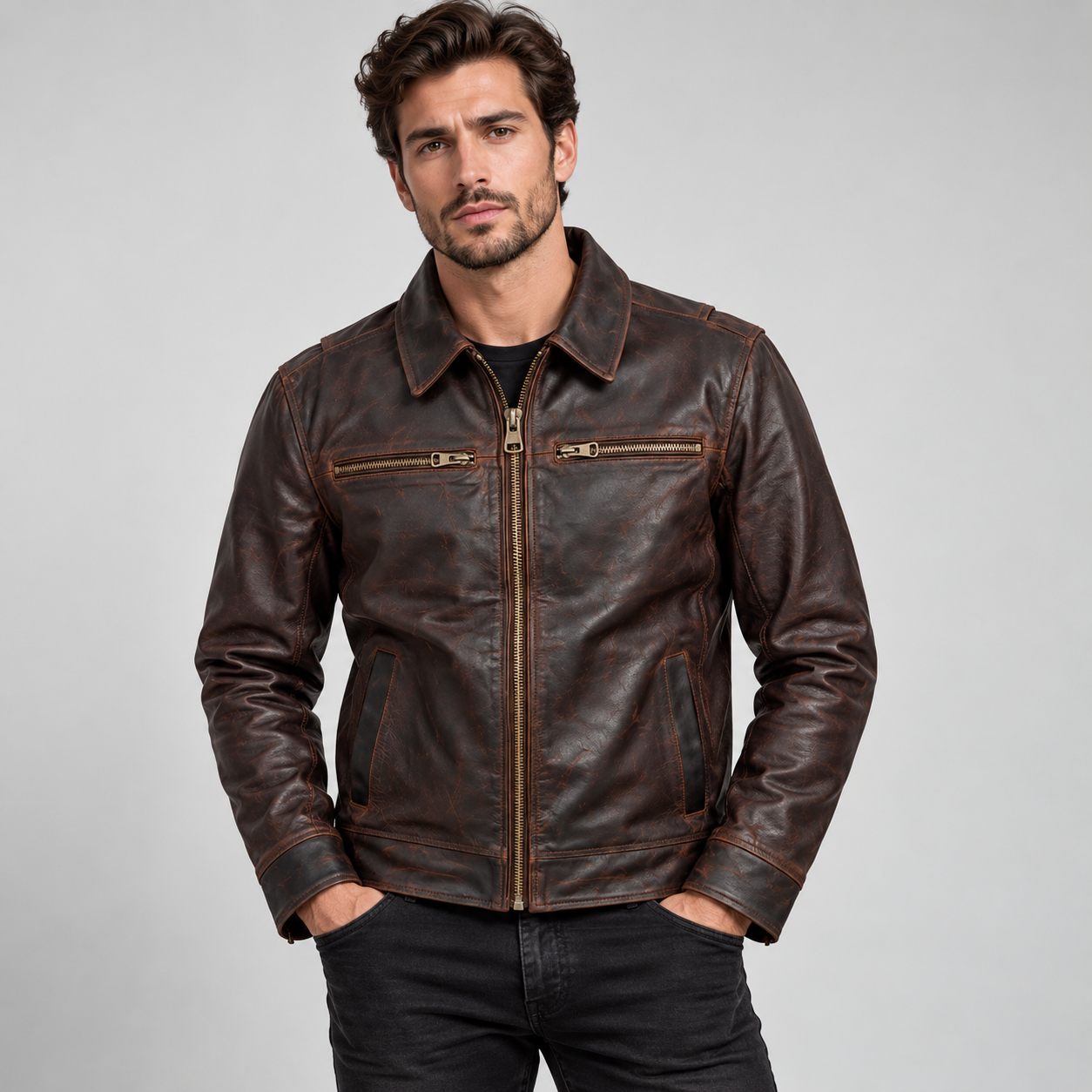 Man wearing Torvane men's dark distressed brown jacket front view