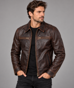 Man wearing Torvane distressed brown jacket in a three-quarter pose