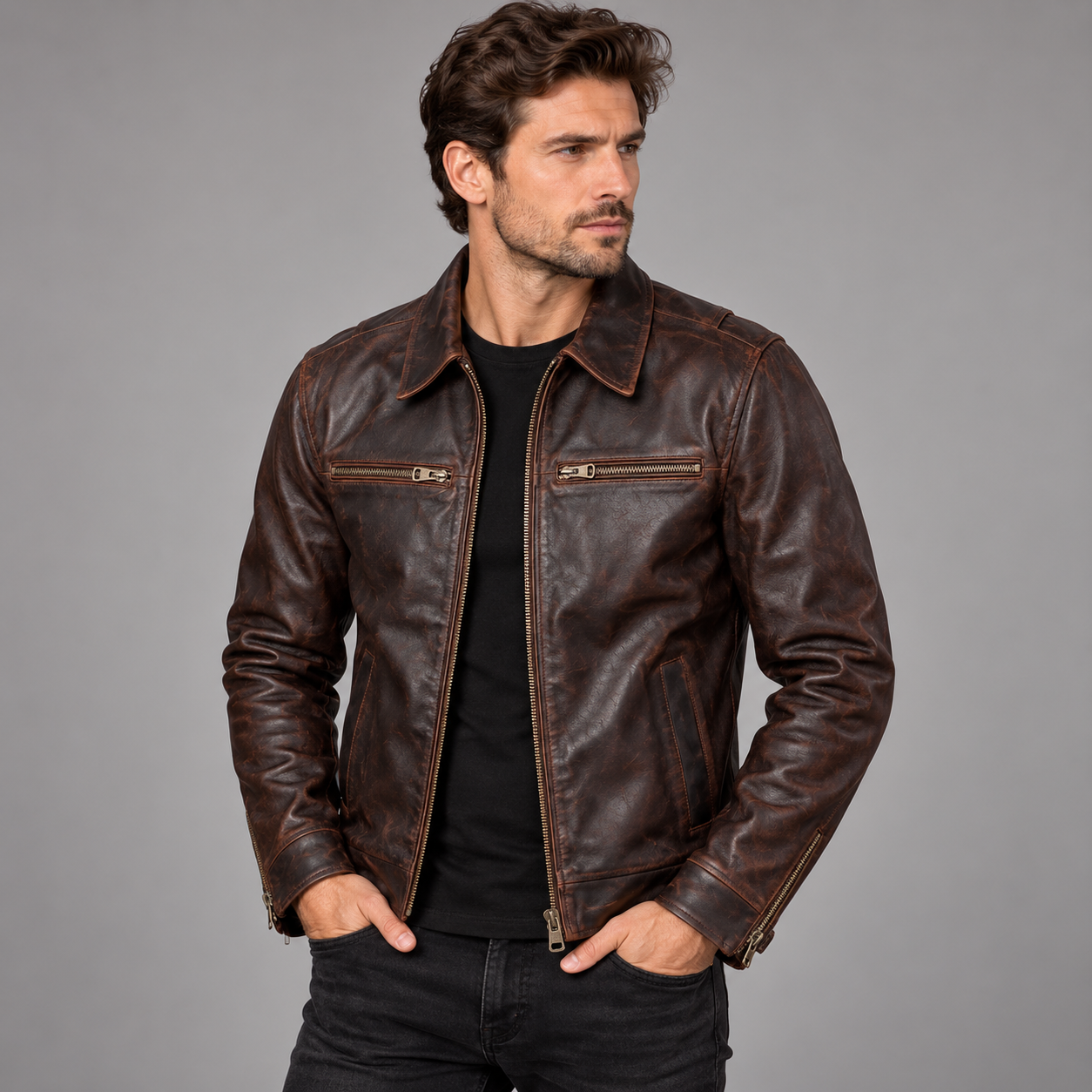 Man wearing Torvane distressed brown jacket in a three-quarter pose